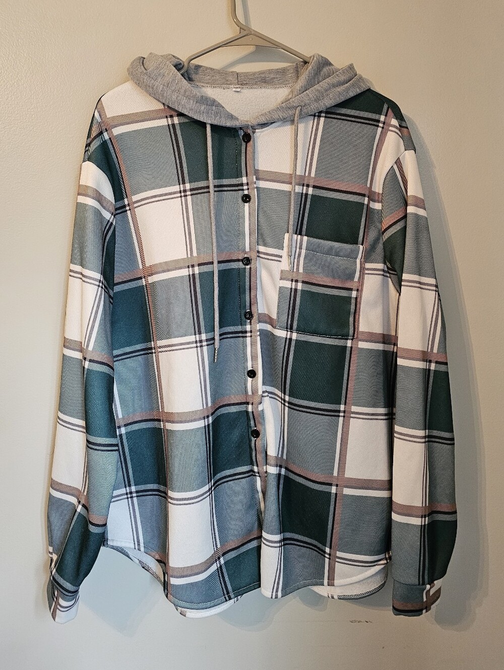 Plaid Button-Up Hoodie Shirt in Green and Gray